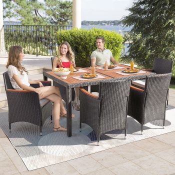 Lacoo Pieces Outdoor Patio Dining Set with PE Rattan Wicker Dining Table and Chairs Acacia Wood Tabletop, Curved Wood Armrest Chairs with Cushions