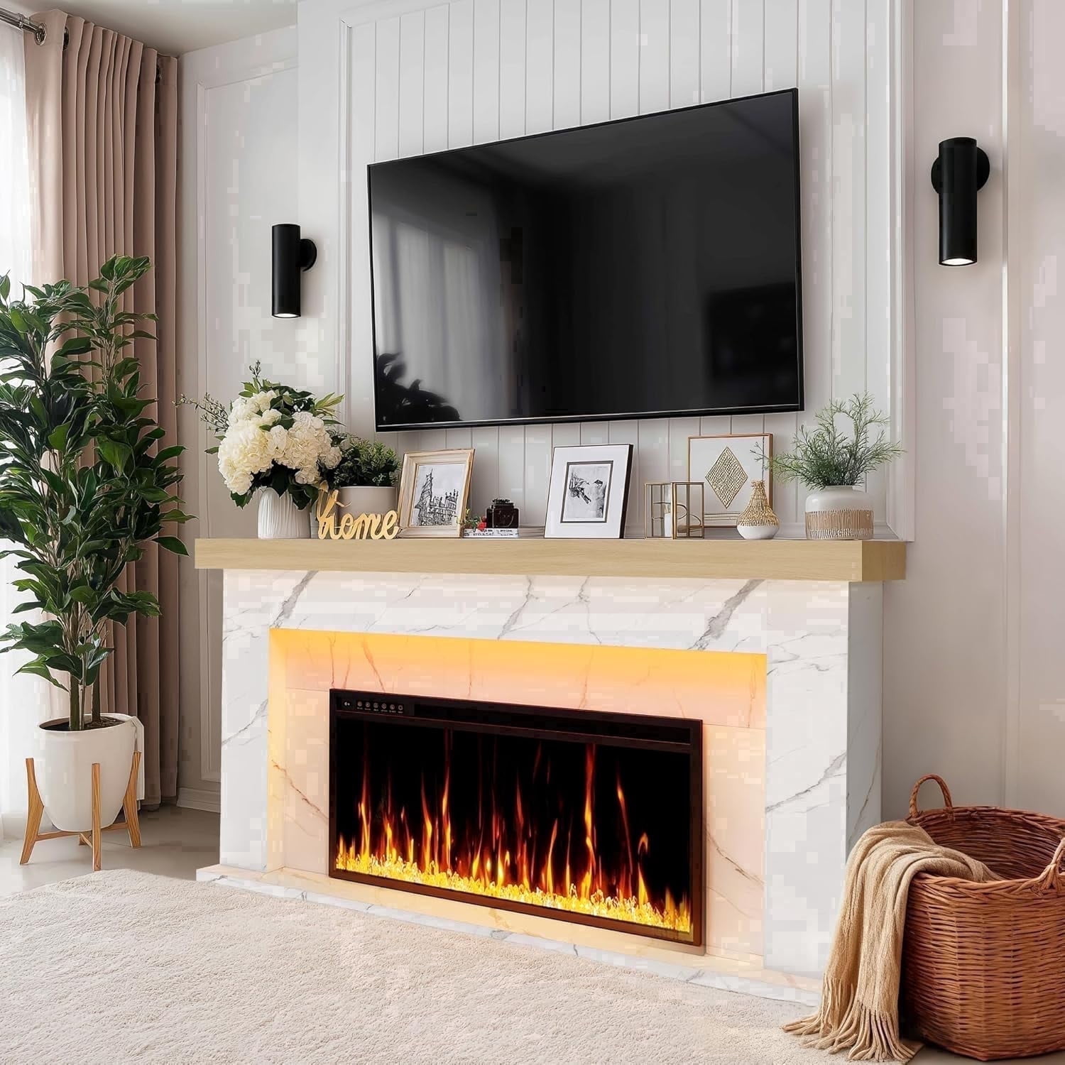 Kincubow 62 inch Electric Fireplace Mantel with 36 inch Insert Heater, 3D Realistic Flame, Remote Control and Timer, White Marble Finish for Living Room