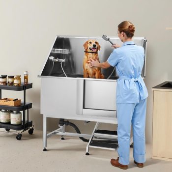 50 Inch Stainless Steel Dog Washing Station, Pet Grooming Tub with Low-Slope Non-Slip Stairs, Hot and Cold Faucet