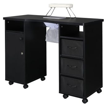 Kadyn MDF Manicure Table, Double Cabinet Nail Salon Station Table with 3 Drawers 1 Door, Modern Manicure Nail Desk with Fan Manicure Table, Black
