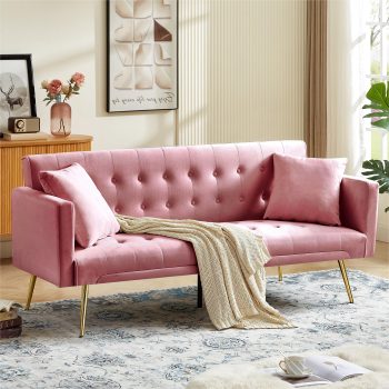 Bianlte Modern Velvet Futon Sofa Bed,Convertible Sleeper Sofa Couch with 3 Adjustable Couch Loveseat with Metal Leg for Living Room and Bedroom