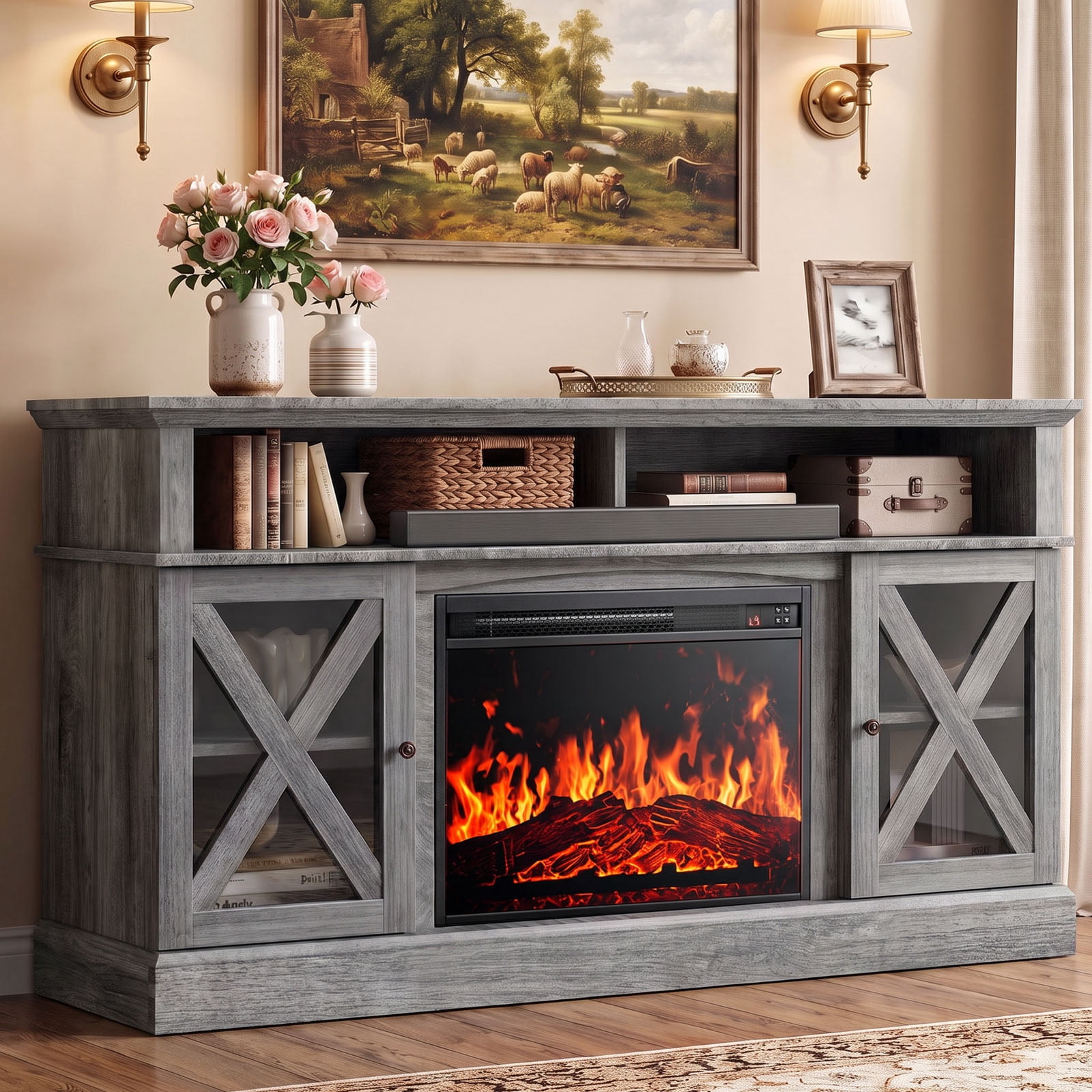 Electric Fireplace TV Stand for 75 inch TVs Farmhouse TV Console with 23″ Fireplace
