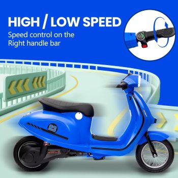 Electric Moped Scooter for Kids, Suitable for Big Kids, Powerful Motor, 24V 350W, Dual Driving Modes, Rear Brake, Twist Grip Throttle, LED Light, Blue