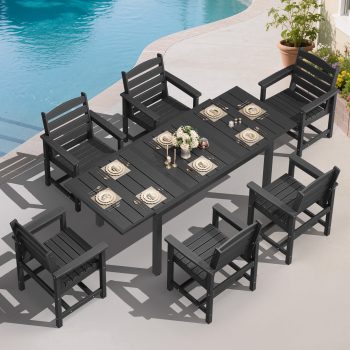 SERWALL 7-Piece Outdoor Dining Set with Expandable Patio Dining Table and 6 Chairs, 60–83 Inch All-Weather HDPE Patio Furniture Sets for Backyard, Garden, Deck, Poolside