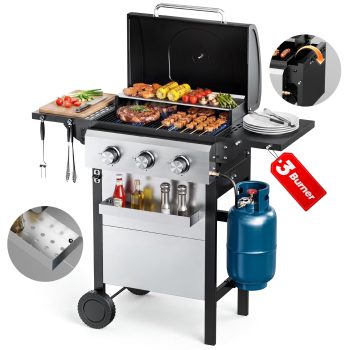 Biotree BBQ Propane Gas Grill, Stainless Steel 28,650 BTU Patio Garden Barbecue Grill with Two Foldable Shelves