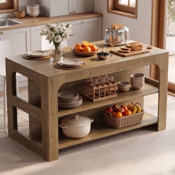 Finmind 55" Kitchen Island with Storage and Seating, Farmhouse Wooden Stationary Island Table with 3-Tier Storage Shelf, Rustic Brown