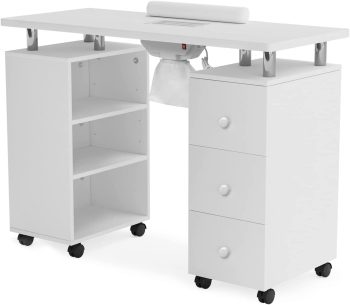 OmySalon Nail Desk Manicure Table for Nail Tech w/Electric Dust Collector, Portable Nail Table Station Beauty Salon Supplies Acetone Resistant w/Lockable Wheels,Wrist Cushion,3-Tier Shelves&Drawers