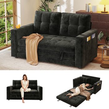 BedLuxury 55" Foldable Loveseat Futon Sofa Bed with Cup Holder & Storage Pocket, Sleeper Couch, Space Saving, Chenille