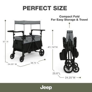 Jeep Aries Stroller Wagon by Delta Children - Premium Wagon for 2 Kids with Convertible Seats, Adjustable Push/Pull Handles, Removable Canopy & Flat Fold - Greenguard Gold Certified, Grey