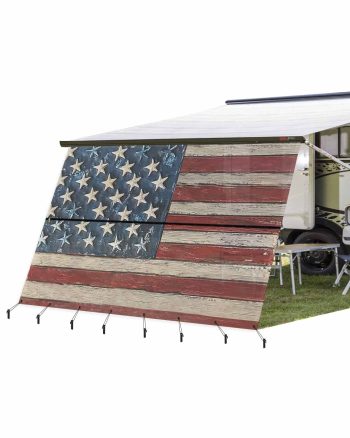 4th of July RV Awning Sun Shade Screen 9'X15.3' Patriotic American Flag Mesh Sunscreen Stars Stripes Wood Awning Shade Screen with Zipper UV Blocker Completed Kits for RV Motorhome Camper Trailer