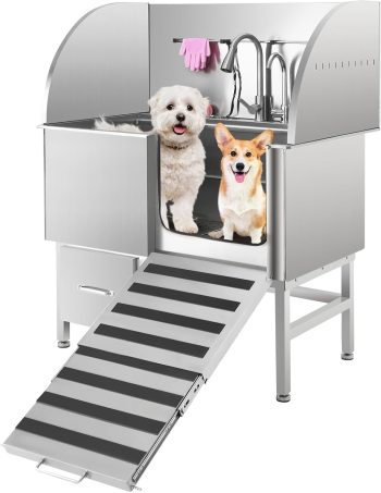 EastVita Dog Grooming Tub, Stainless Steel Dog Wash Station with Foldable Ramp, Storage Drawer, Floor Grate & Faucet/Dog Bathtub