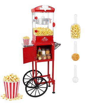 10oz Popcorn Machine Cart with Wheel, Holaki Popcorn Maker Machine with Stainless-Steel Kettle Makes up to 40 Cups, Popcorn Machine for Commercial Home Movie Theater