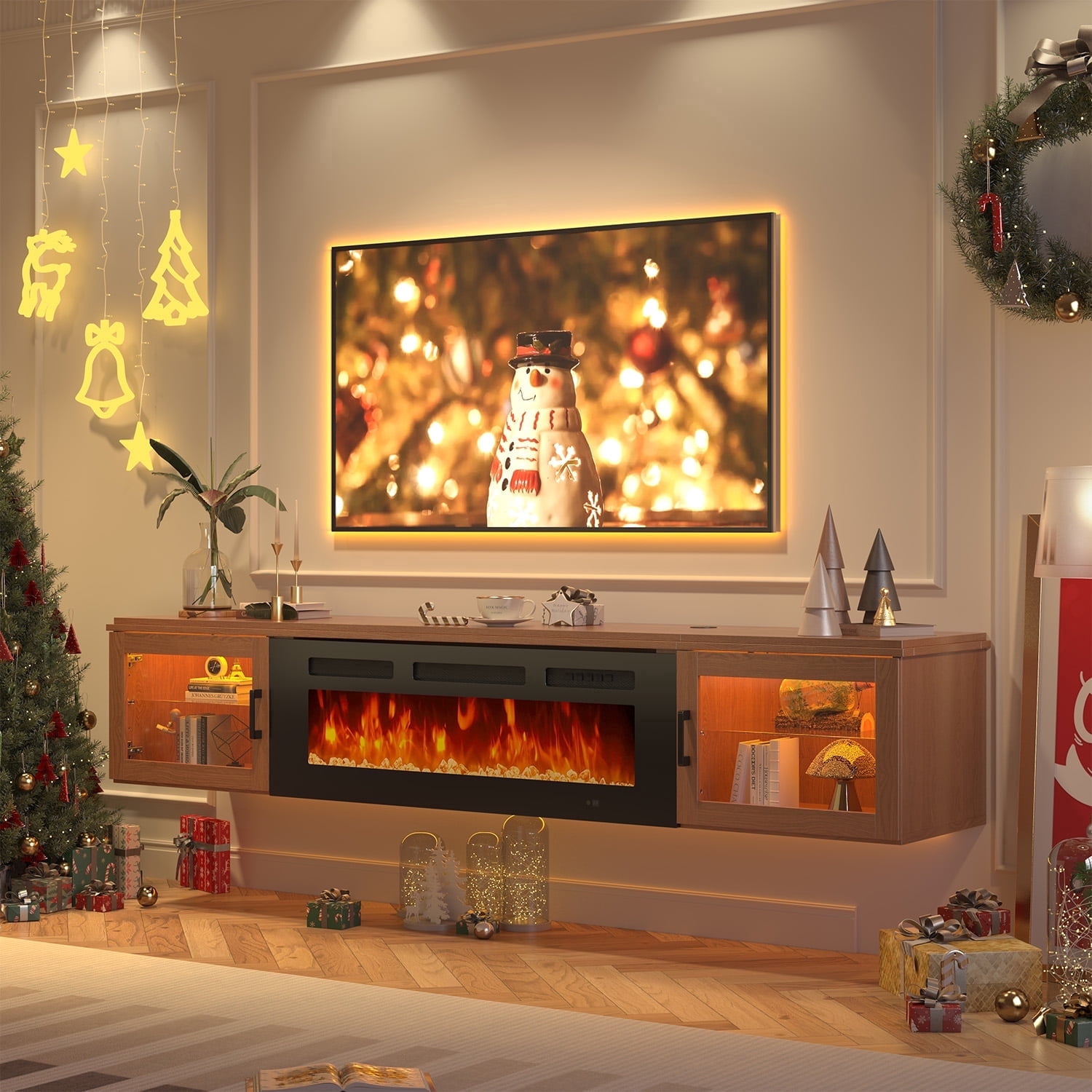Sonegra Floating Fireplace TV Stand for TVs up, Wall Mounted Fireplace Entertainment Center, Console Table with Electric Fireplace, WI-FI Enabled