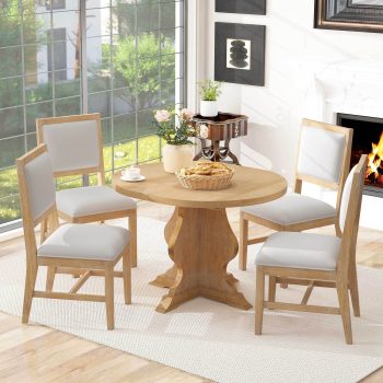 Euroco 5-Piece Round Dining Table Set for 4, 58" Extendable Kitchen Table with 4 Upholstered Chairs,Solid Wood Dining Set for Small Space