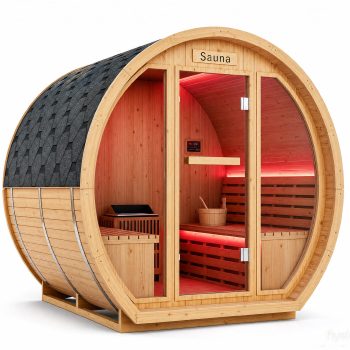 4-6 Person Outdoor Barrel Steam Sauna, 9KW 220-240V Traditional Finnish Carbonized Spruce Wood Sauna with Waterproof Asphalt Roof, Heater Stove, Volcanic Stones, Bluetooth Speakers