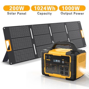 1024Wh Portable Solar Generator with 200W Solar Panel, 1000W Power Station Pure Sine Wave Backup Battery for Home Emergency, Camping, RV, and Outdoor