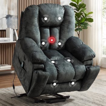 Ebello Overstuffed Power Lift Recliner with Heat Massage, Ergonomic Velvet Reclining Chair with USB Ports, Hidden Cup Holders for Elderly