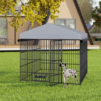 Large Dog Kennel Outdoor with Waterproof Roof, 6.6x6.6x6.4 Ft Metal Pet Run Enclosure with Feeding Bowl & Lockable Door, Heavy Duty, Black+Gray