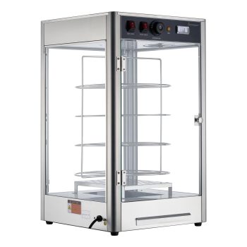 KFFKFF Commercial 4-Tier Food Warmer Display with Rotary Steam Heating, Adjustable Temperature Control (86~185), LED Lighting, and 25W Oven Light for Pizza Shops and Restaurants