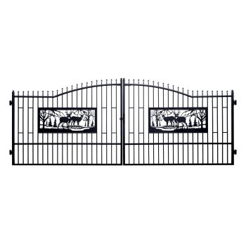 20FT Double Swing Driveway Gate, Heavy-Duty Galvanized Steel with Powder-Coated Finish, Decorative Deer-Design Wrought Iron-Style Outdoor Gate for Driveways, Farms, Ranches & Yards