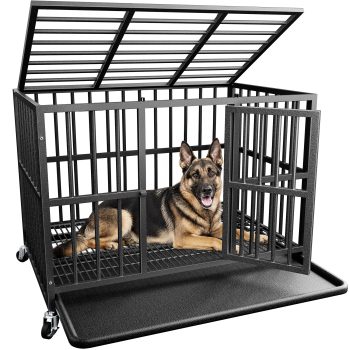 Ironovahome 42" Heavy Duty Dog Crate, Steel Indestructible Escape Proof Dog Cage for Medium Dogs, Large Dog Crate with Wheels & Removable Tray, Black