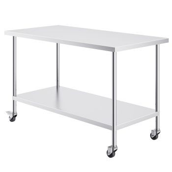 KFFKFF Stainless Steel Work Table, SUS201 Prep Table with 4 Wheels, 30 x 60 x 38 Inch Adjustable Height, Black