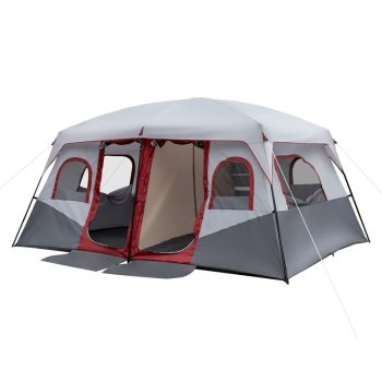 Qifang 10-Person Waterproof Cabin Tent, 2 Room Large Family Camping Tent with Screen Porch, Easy Setup, Storage Pockets, Mesh Ventilation, Red & White