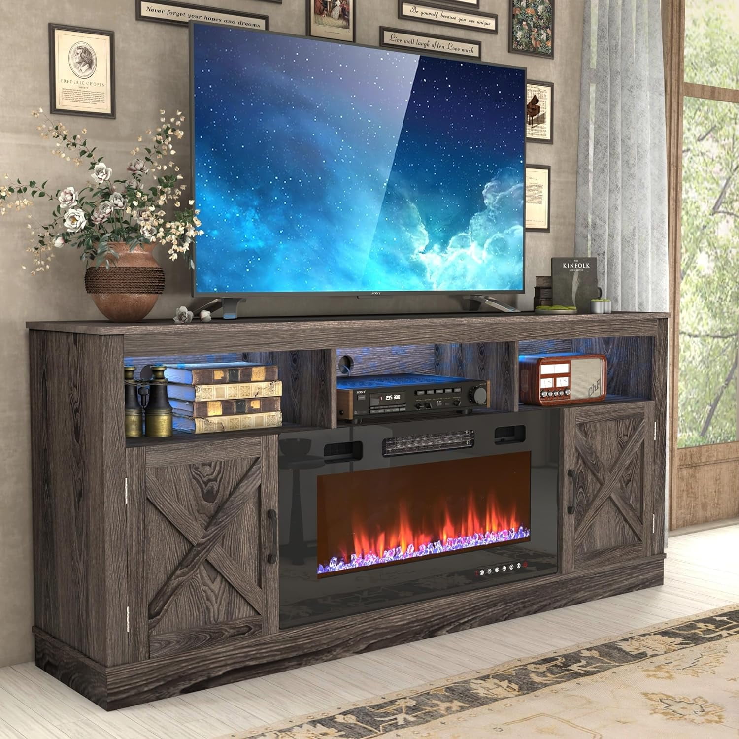 ChVans Fireplace TV Stand for TVs up to 80" with 36" Electric Fireplace, Farmhouse Entertainment Center with LED, Wooden Media Console for Living Room, Bedroom