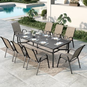 9-Piece Outdoor Patio Dining Set, 8 Stackable Textilene Chairs (Weight Capacity 350 lbs) and Metal Steel Table with Umbrella Hole, Black & Grayish-brown