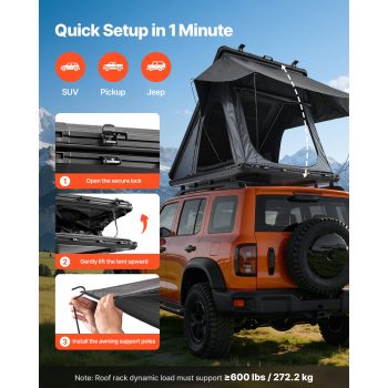 KFFKFF Hard Shell Rooftop Tent for 2-3 People, Aluminum Roof Tent with LED Lighting & Comfortable Mattress, Weather-Resistant Camping Tent for SUVs, Jeeps, and Trucks