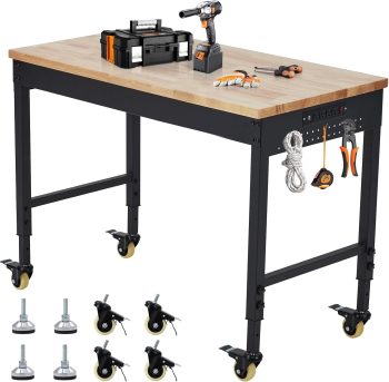 EastVita 72" x 25" Adjustable Workbench 2000 Lbs Capacity, Rubber Wood Shop Table Heavy Duty Workstation with Drawer Table, Backplate, Metal Frame, Wood Top Workbench