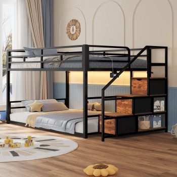 Afuhokles Low Bunk Bed Twin Over Twin with Storage Staircase, Drawers and Shelves, LED Lights Metal Floor Bunk with Power Outlet