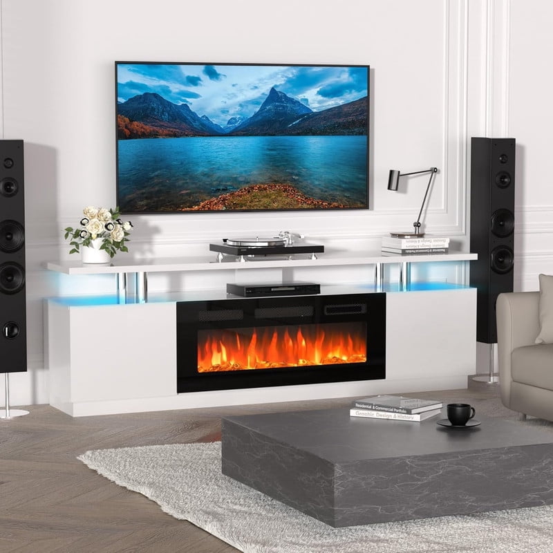Fireplace TV Stand,Electric Fireplace,70-Inch Fireplace TV Stand for TVs Up to 80", 36" Electric Fireplace with 12-Color LED Flames, 1500W Heater, 2-Tier Storage & 2 Cabinets