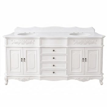 Benton Collection 72" Traditional Antique White Bathroom Vanity with Double Sink White Quartz Top