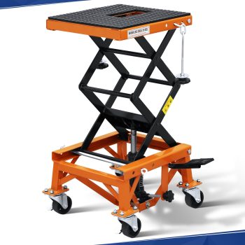 HOUGEET Hydraulic Motorcycle Lift Table, 350 LBS Heavy Duty Ultra-Stable Motorcycle Scissor Jack Stand Fit for Motorcycle Dirt Bike ATV, with Wide Deck, J-Hooks, 4 Wheels