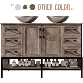 48 Inch Bathroom Vanity with Double Sink, Freestanding Cabinet with Open Shelves and 6 Storage Drawers, Modern Iron Wood Cabinet with Countertop Tempered Glass Vessel(Ship in 2 Boxes)