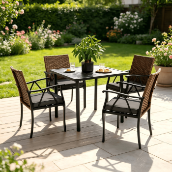 Leumius 5 Pieces Patio Dining Set, Outdoor Wicker Patio Table and Chairs Set of 4,Conversation Wicker Rattan Chairs Seating with Cushion and Square Table for Patio,Backyard,Balcony,Garden,Brown+Gray