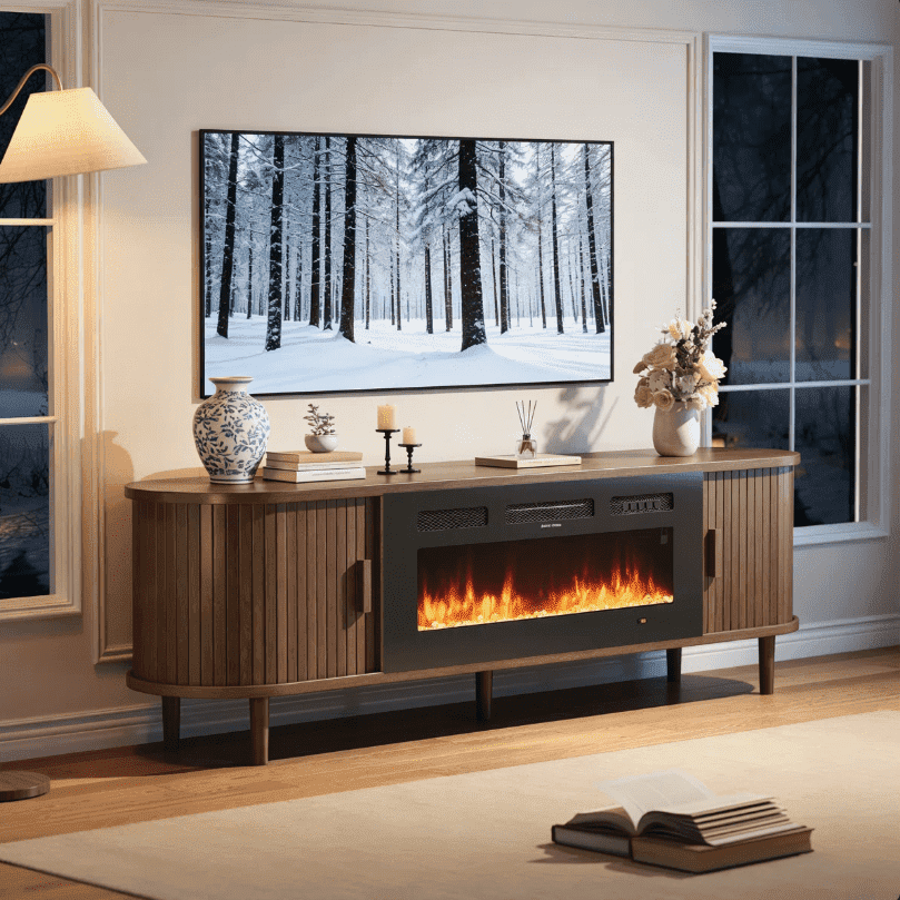 Easoger 70" Fluted Fireplace TV Stand, Mid Century Modern Entertainment Center with 36" Electric Fireplace for TVs up to 75", Media Console with Sliding Doors & Solid Wood Legs for Living Room.