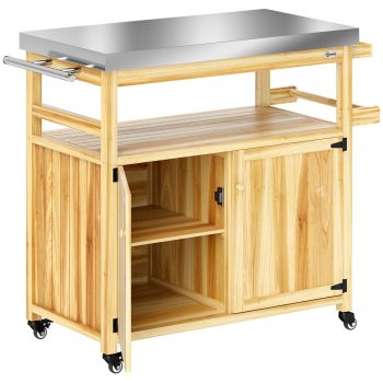 Outdoor Grill Cart Stainless Steel Top Solid Wood Kitchen Island on Wheels Storage Cabinets Natural Wood