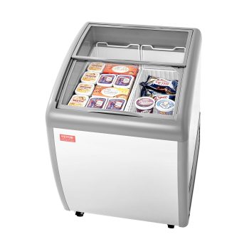 VEVOR Commercial Ice Cream Display Case, 5.4 Cu.ft Chest Freezer, -19 to 3 Temp Adjustable Mobile Top Deep Freezer with 2 Wire Baskets, 2 Sliding Glass Doors, Locking Casters & LED Strip Lighting