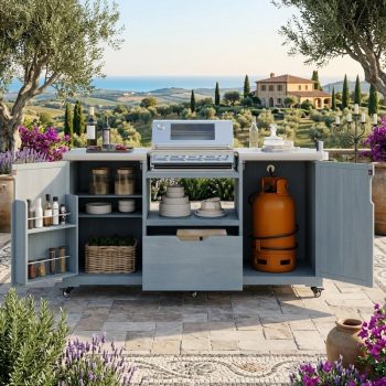 Aukfa 66.5" Outdoor Kitchen Island with Stainless Steel Top, Solid Wood BBQ Grill Cart for Big Green Egg,Blue