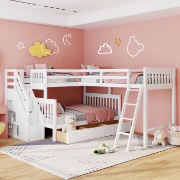Harper & Bright Designs L-Shape Triple Bunk Beds with Stairs and Storage Drawers, Twin over Full Bed Attached a Loft Wood Corner Bunked, White