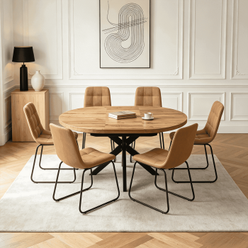 43.2"-59.2" Extendable Round Dining Table Set for 4-6,7 Piece Mid Century Modern Round Kitchen Table Set with 6 Upholstered Chairs for Kitchen Living Room, Space Saving