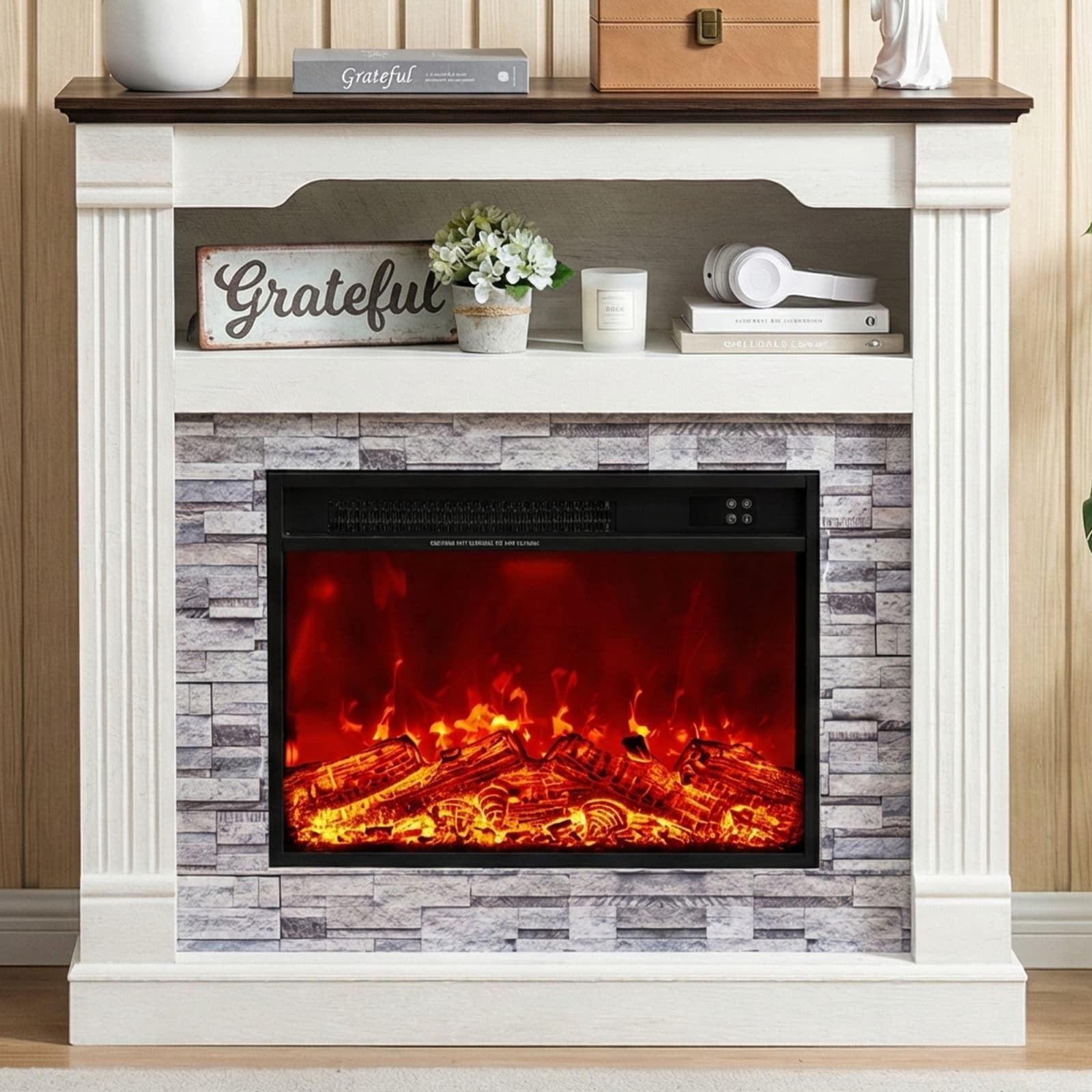 40" Freestanding Electric Fireplace with 23" Mantel, Open Storage, 4600 BTU for 400 Sq.Ft, Remote & Touch Control