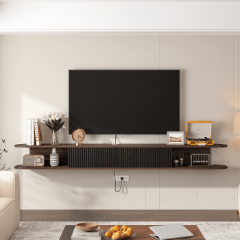 FloatiCasa 70" Floating TV Stand Wall-Mounted Entertainment Center with 2 Doors and Vertical Groove Design for TVs up to 75" for Living Room and Bedroom, Walnut and Black