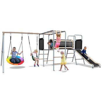 KloKick 5-in-1 Heavy Duty Metal Swing Set for Kids Backyard, with Slide, Monkey Bars, Saucer Swing & Tunnel, ASTM Safety Certified, Ages 3-12, 660lbs Capacity(sand)