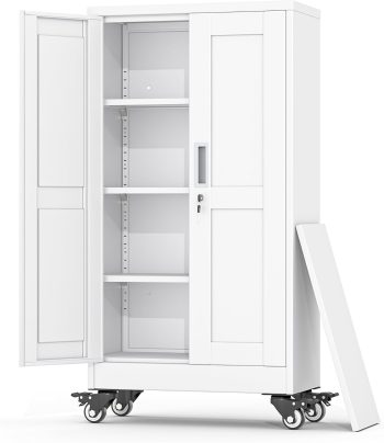 Metal Garage Storage Cabinet, 46”Tall Rolling Utility Cabinet | storage system with Wheels, Lock, 3 Adjustable Shelves, Heavy Duty Steel Tool Locker for Home Office, Utility Room, Gym