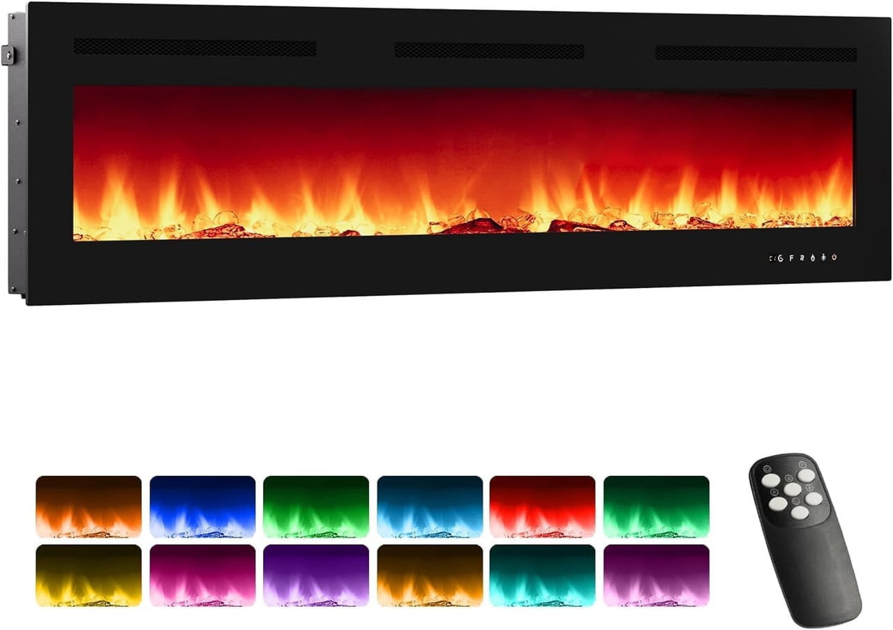 Electric Fireplace,72-Inch Recessed & Wall-Mounted Electric Fireplace – Ultra-Thin 3" Linear Heater with 12-Color 3D Flame, Remote Control, Timer, and Log & Crystal Media Bed
