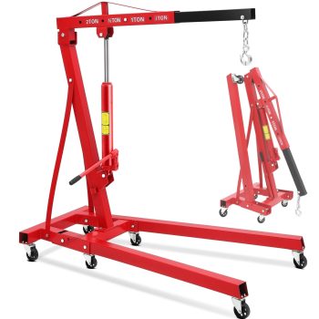 2 Ton Folding Hydraulic Engine Hoist - 4400 lbs Heavy Duty Cherry Picker Shop Crane - Telescopic Boom - 6 Swivel Casters - Adjustable Lift - Red - Without Lifting Gear, Fixed with U-Shaped Iron Piece