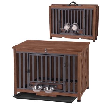 Aivituvin Folding Dog Crate Furniture Portable Metal Dog Kennel with Bowls & Tray, Dog Crate for Small & Medium Dogs with Opening Roof